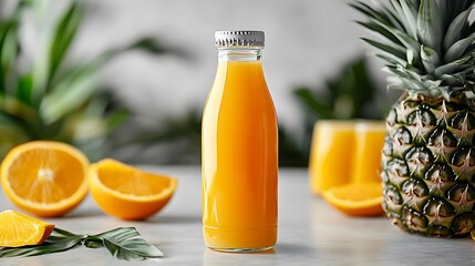 A bottle of fresh orange juice with oranges and pineapple