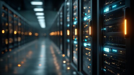 Long dark corridor of a data center with server racks