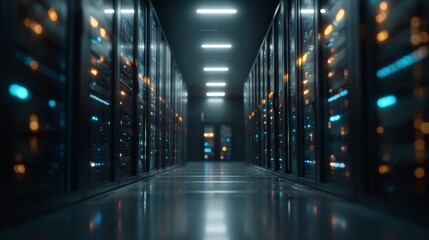 Data center corridor with racks of glowing servers