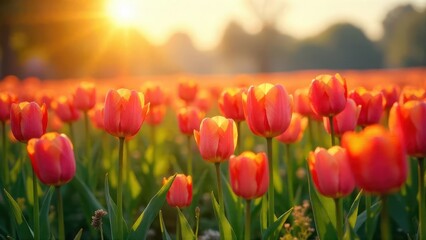 Obraz premium Golden Hour Illumination on a Field of Blooming Tulips, Basking in the Warmth of the Setting Sun