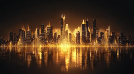 Obraz premium Fiery golden cityscape reflected on water