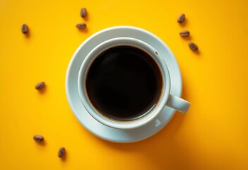 Overhead view of coffee cup, vibrant yellow background, cozy, design