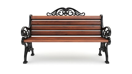 A decorative wooden and metal park bench