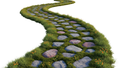 A winding stone pathway through lush green grass and small orange wildflowers