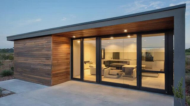Modern prefabricated home exterior at dusk with illuminated interior