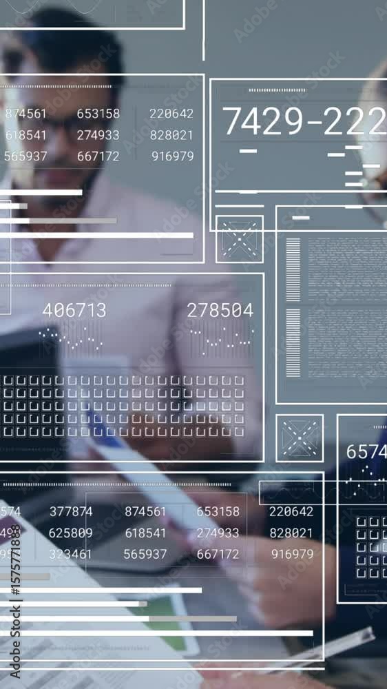Poster animation of changing numbers in circles and loading bars over diverse coworkers discussing reports