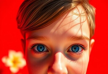 Radiant blue eyes, thoughtful gaze, vibrant red background, sunny day,  beauty,  intense color