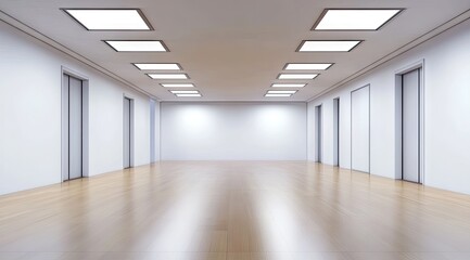 Fototapeta premium Empty corridor with white walls, light hardwood floor, and recessed lighting