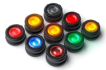 A collection of nine circular led lights in various colors, including red, yellow, green, and blue