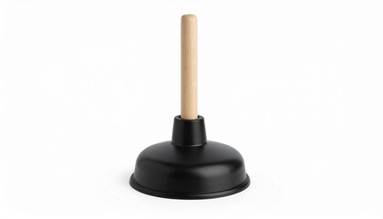 A black rubber plunger with a wooden handle and white connector rests on a white surface—symbolizing household problem-solving, practicality, and home maintenance essentials.