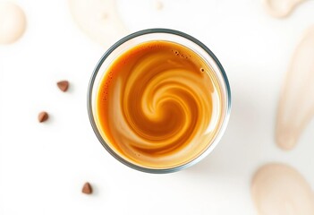 Rich brown coffee swirling into creamy milk, filling a glass panoramic view,  cappuccino,  smooth