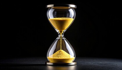 A sleek hourglass with yellow sand flowing through its narrow center, set against a dark background—symbolizing time passage, urgency, and the fleeting nature of moments.