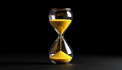 A sleek hourglass with yellow sand flowing through its narrow center, set against a dark background—symbolizing time passage, urgency, and the fleeting nature of moments.