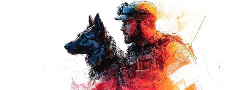 Police officer and a loyal K9 with vibrant artistic effect