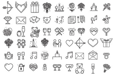 Collection of hand drawn romantic symbols and icons featuring hearts and love elements silhouette