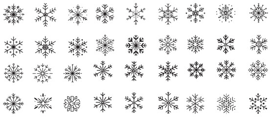 Collection of diverse black snowflake icons representing winter weather and cold season silhouette