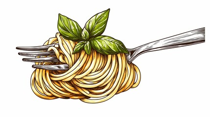 Hand drawn illustration of spaghetti on a fork with basil.