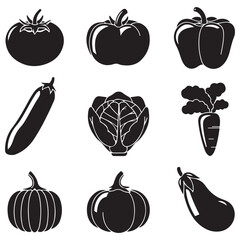 Collection of nine distinct black vegetable silhouettes on a white background for design