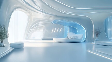 Sleek, futuristic interior with light-blue accents