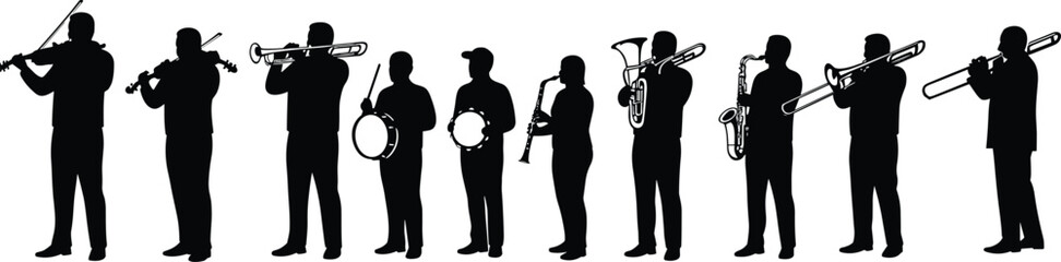 Silhouette of marching band musicians playing various instruments, isolated vector illustration of orchestra team performing music with brass, drums, violin © Rahul Creatives