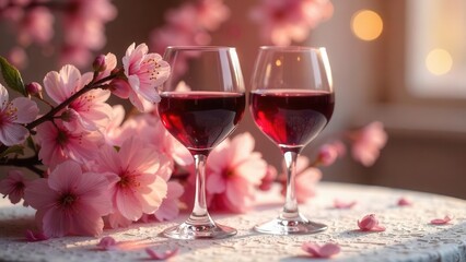 Two glasses of red wine resting on a lace tablecloth amidst a blossoming floral arrangement.