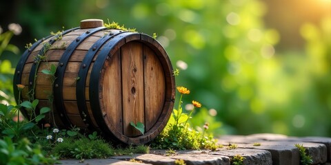 Rustic Wooden Barrel Resting Amidst Vibrant Spring Flora on a Stone Pathway