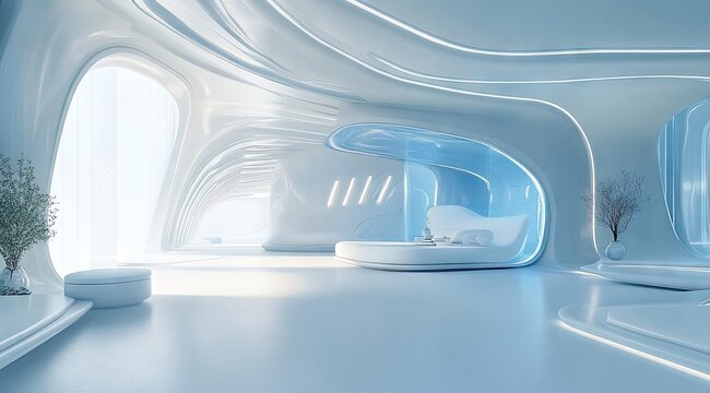 Sleek, futuristic interior with light-blue accents