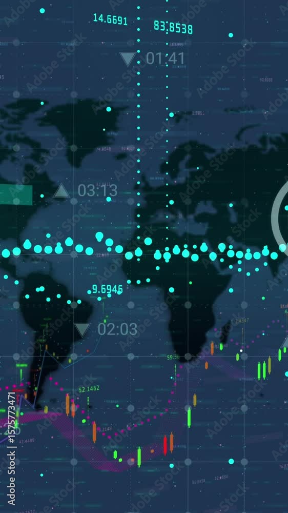 Poster Animation of financial data processing with icons over world map