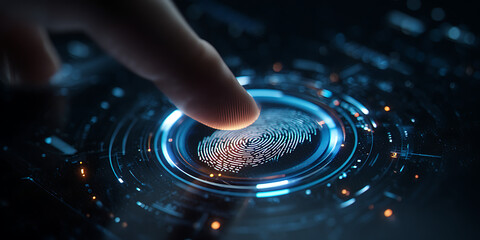 Biometric Fingerprint Scan for Digital Security, Identity Authentication, and Data Protection. Hi-tech concept of futuristic access control, cyber privacy, and secure login technology.