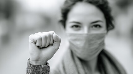 Close up, black and white portrait of a protesting woman wearing a protective mask and raising her fist in a sign of rebellion and fight against injustice