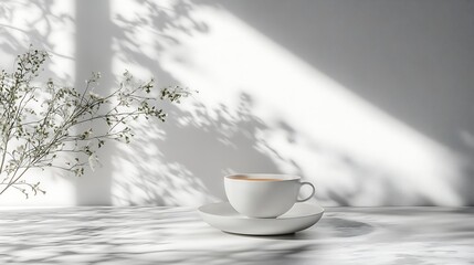 A white cup of coffee sits on a saucer with dappled sunlight and plant shadows