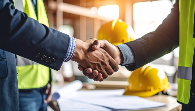 Two individuals—one in a suit, the other in a hi-vis vest—shake hands over a table with construction helmets and documents, symbolizing partnership, project agreement, or site collaboration.