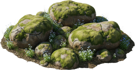 Moss covered boulders with small blue flowers and green grass rocks nature