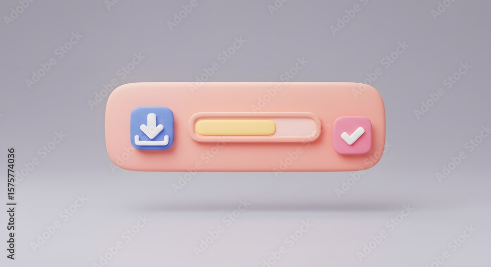 Fototapete 3d pastel download progress bar with checkmark icon. digital ui element for task completion, success