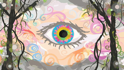 Fototapeta premium Abstract eye surrounded by trees and colorful swirls in a surreal landscape painting style art