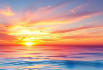 Serene sunset watercolor, calm ocean, warm colors, peaceful ambiance, illustration, painting