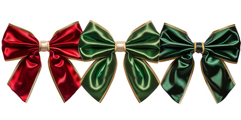 Four glossy red and green bows with golden centers
