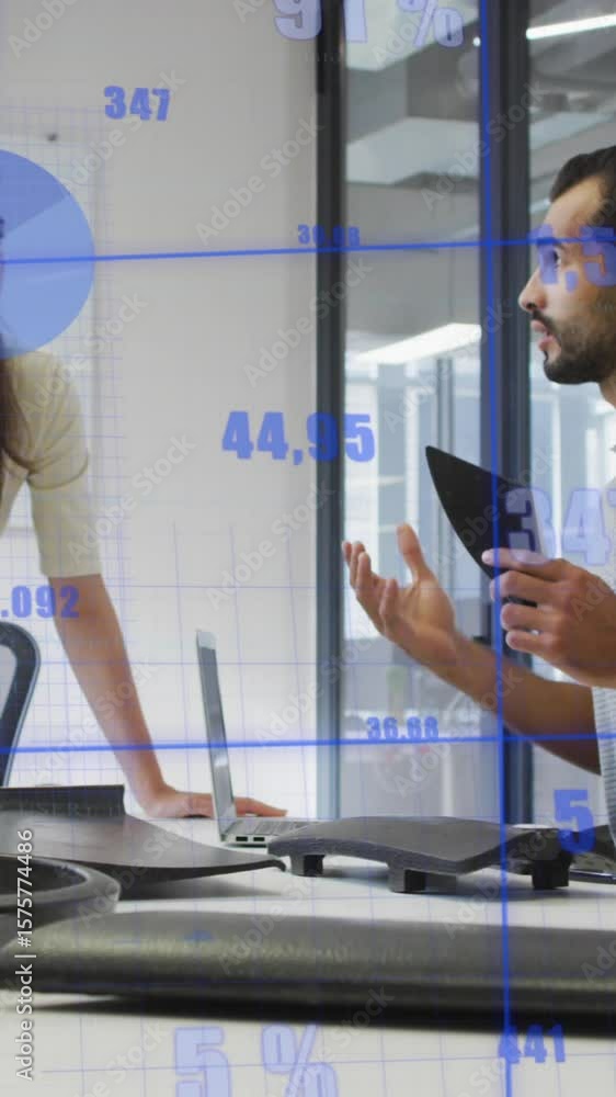 Aufkleber animation of statistical data processing against diverse man and woman discussing at office