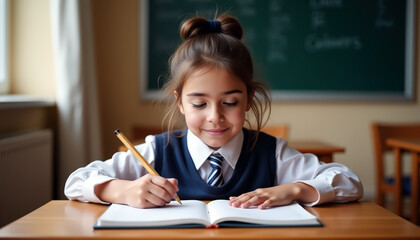 young girl in uniform writing in notebook sitting at desk in classroom with chalkboard behind her