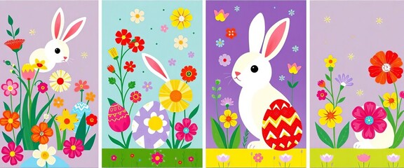 Set of vibrant flat folk art style Easter cards featuring colorful eggs, bunnies, and spring flowers in mosaic patterns, insta, template