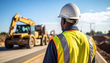 A road construction zone with workers in high-visibility vests and hard hats operating near heavy equipment and a parked white truck—emphasizing teamwork, safety, and infrastructure development.