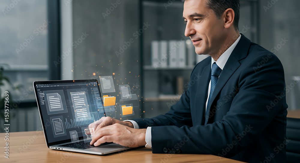 Poster businessman working on laptop with floating documents and folders in a modern office setting ai gene