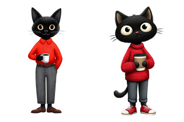 Fototapeta premium Set of an illustration of a black cat wearing a red sweater and grey trousers, isolated on a transparent background.