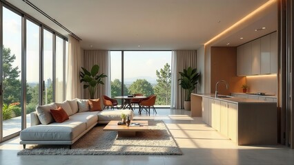 Fototapeta premium Modern Open Plan Living Space with Panoramic Views and Integrated Kitchen