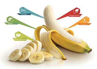 Banana nutritional information displayed with vitamin and mineral labels