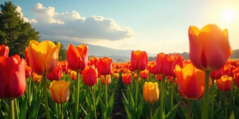 Vibrant orange and yellow tulips bask in the warm glow of the setting sun, creating a breathtaking spectacle of springtime beauty in a vast field.