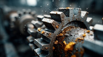 Large interlocking metal gears in motion with blur effect
