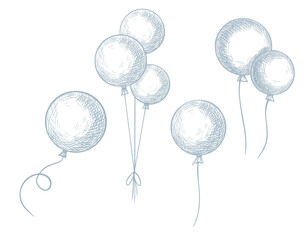Obraz premium Vector illustration of helium Balloons. Drawing in outline style for childish party greeting cards or Baby shower invitations. Linear sketch for wedding celebration. Etching for stationary design.