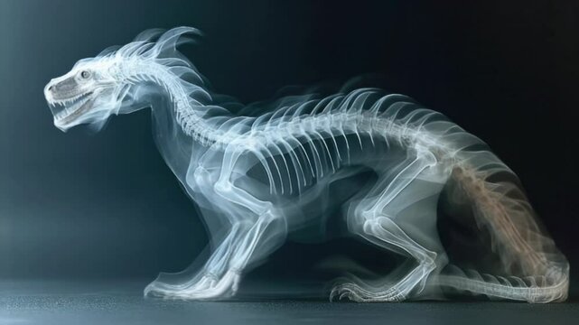 X-ray style image of a dinosaur skeleton in motion, showcasing a dynamic running pose with motion blur effect. Set against a dark background for dramatic contrast.