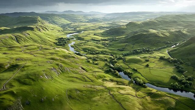 Lush green valley with winding river and rolling hills